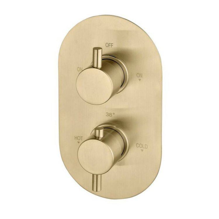 Ajax Brushed Brass Round Thermostatic Two Outlet Twin Shower Valve