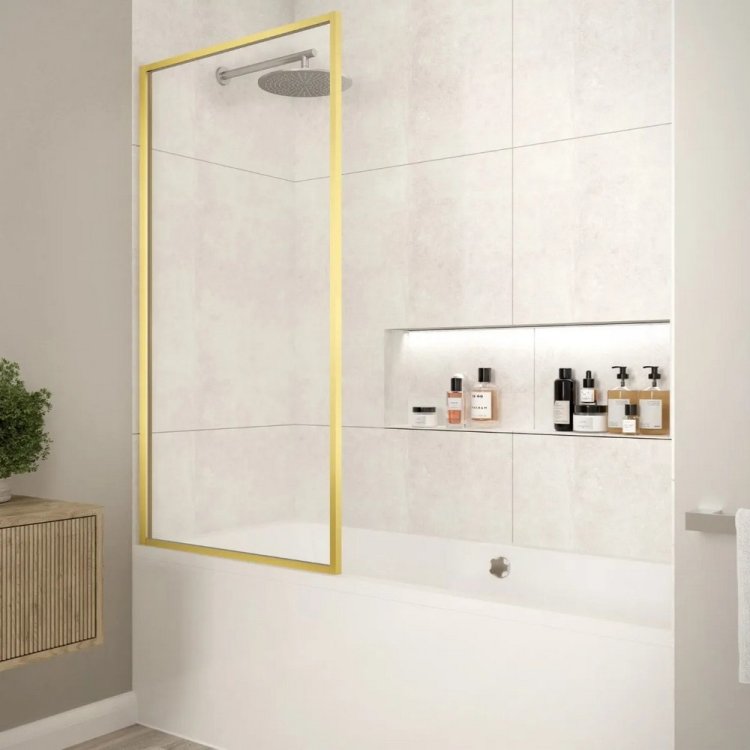 Merlyn Fixed Brushed Brass Square Framed Bath Screen