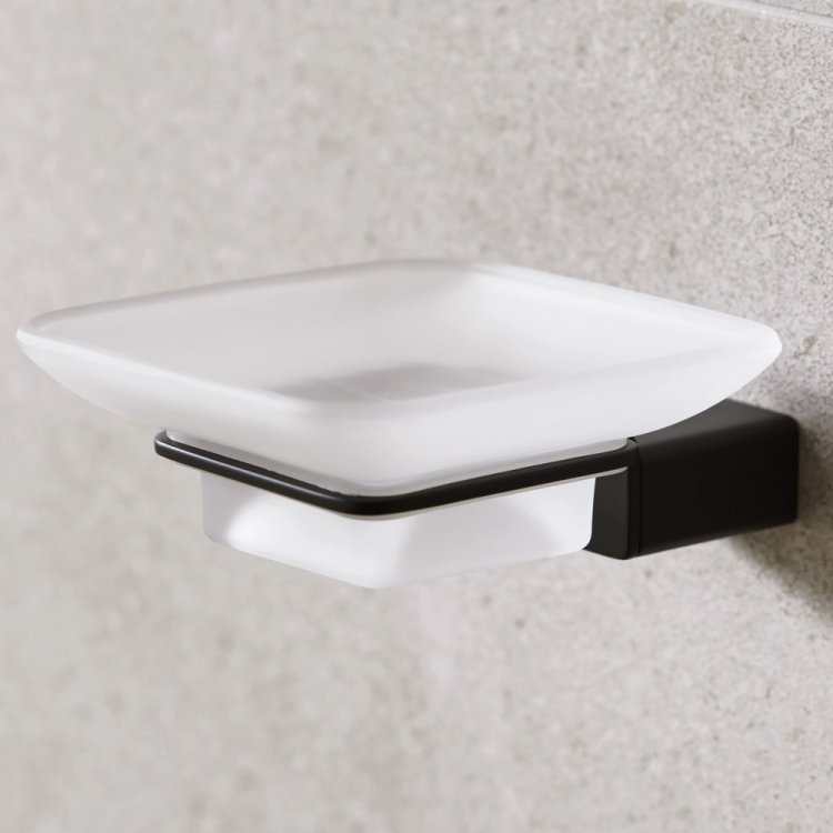 Miller Miami Frosted Glass Soap Dish and Matt Black Holder