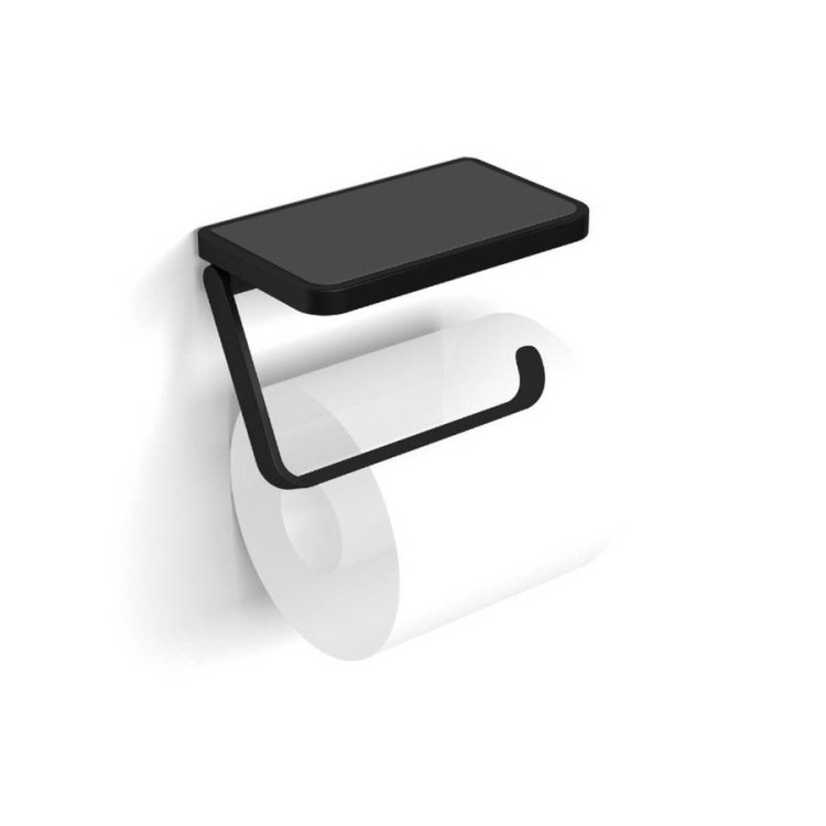 HiB Atto Black Toilet Roll Holder with Shelf