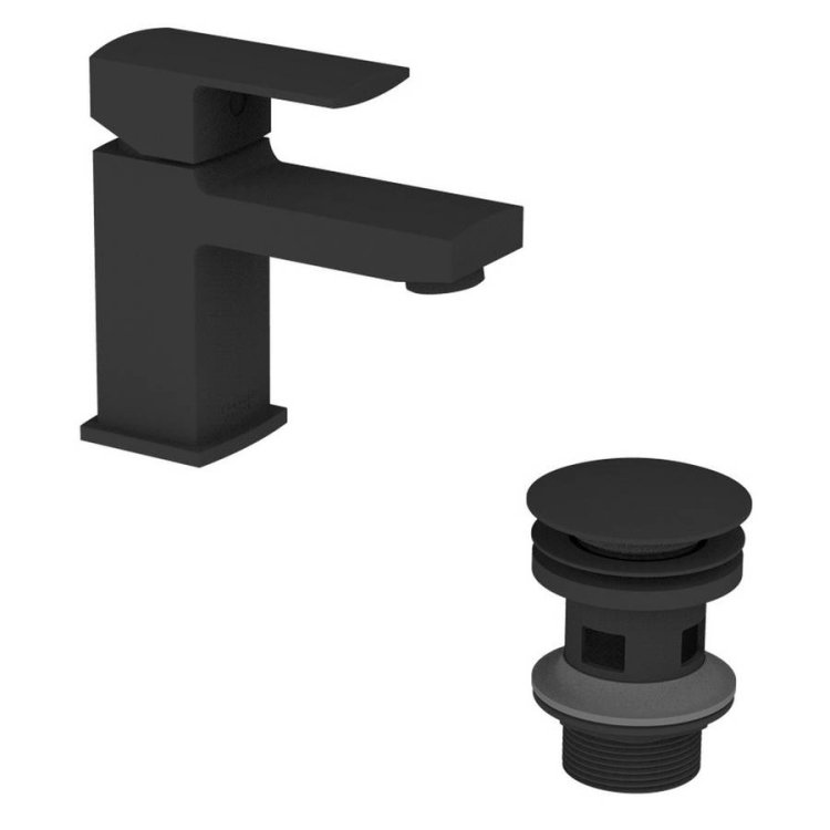 Essential Paron Black Mono Basin Mixer with Click Clack Waste